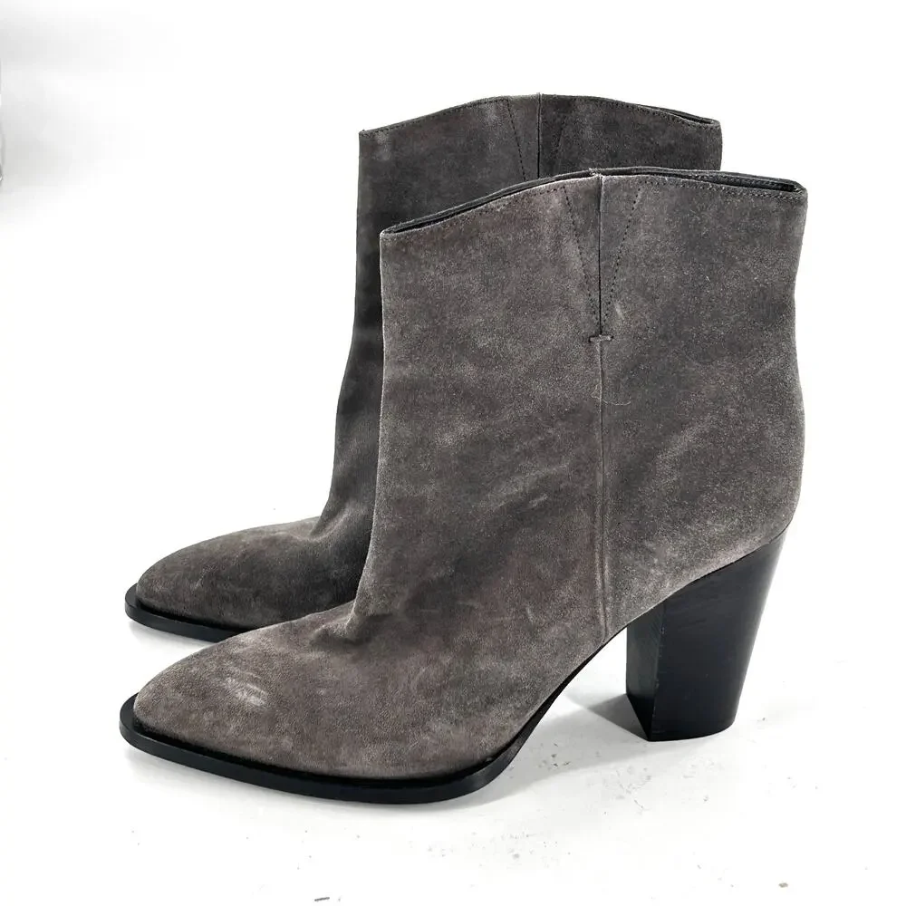 Vince Erving Western Boots 10 Suede Gray Ankle Booties Stack Heel Travel Capsule
